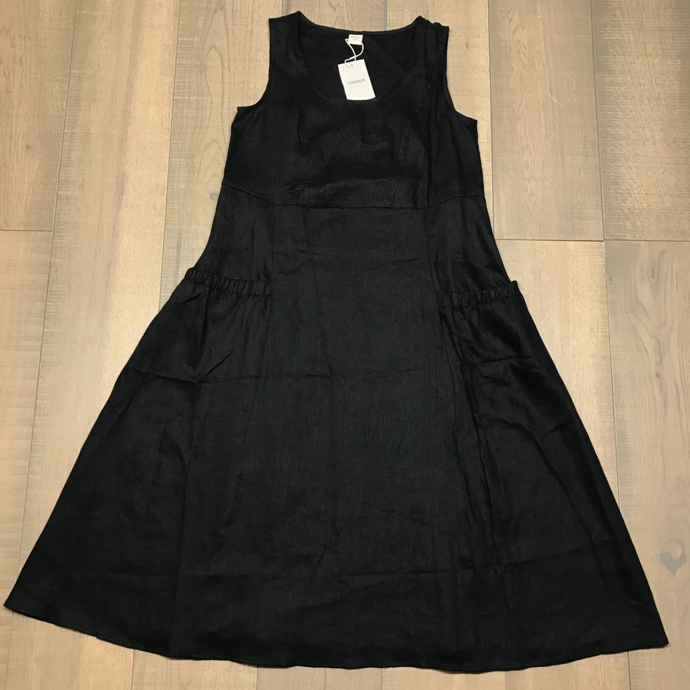 Lintico Linen Dress Womens Size S Black Midi Giana Beach Tank Swing Pockets NEW
